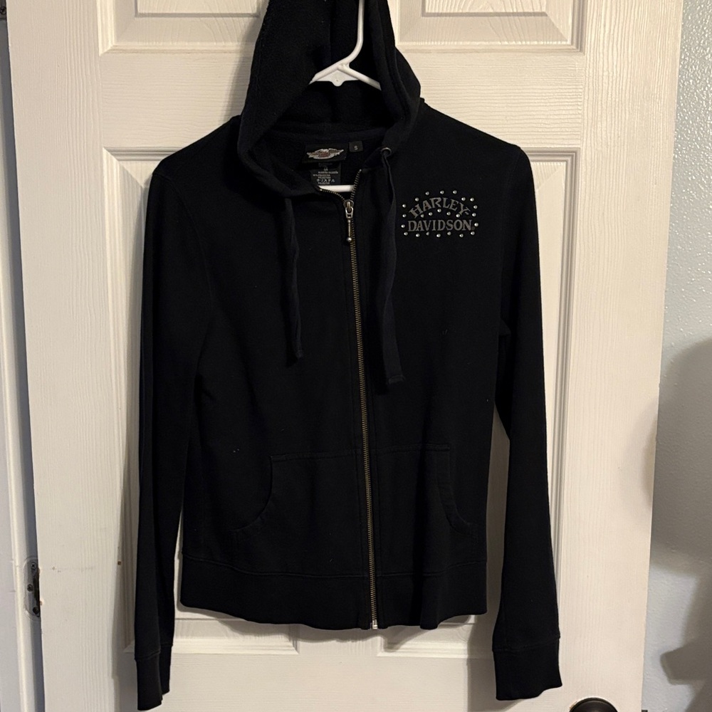 Harley-Davidson Black Zip-Up Hoodie with Studded Logo - Picture 2 of 3